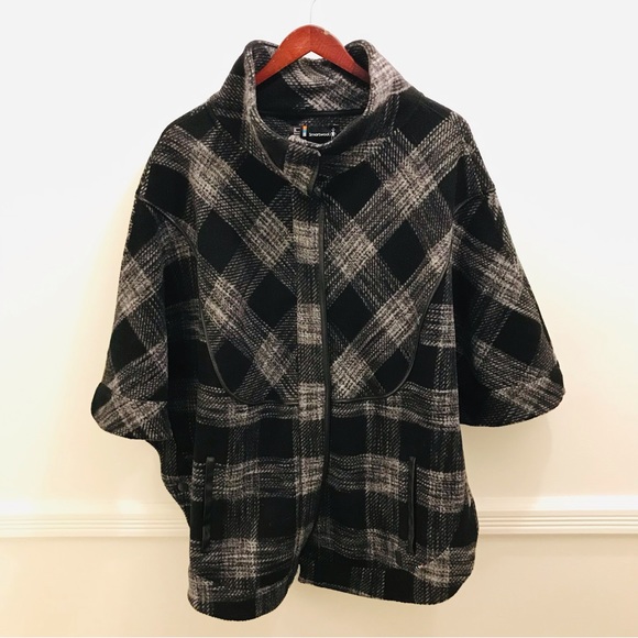 Smartwool Aspen Grove Plaid Poncho Jacket XL gray merino wool black - Picture 2 of 16